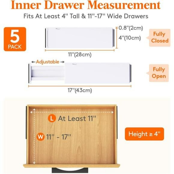 Adjustable Drawer Dividers 5 Pack Expandable Organizers for Clothes Kitchen - Picture 2 of 7